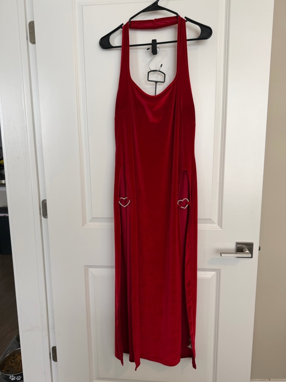SHEIN Red Velvet Halter Maxi Dress with Heart Details